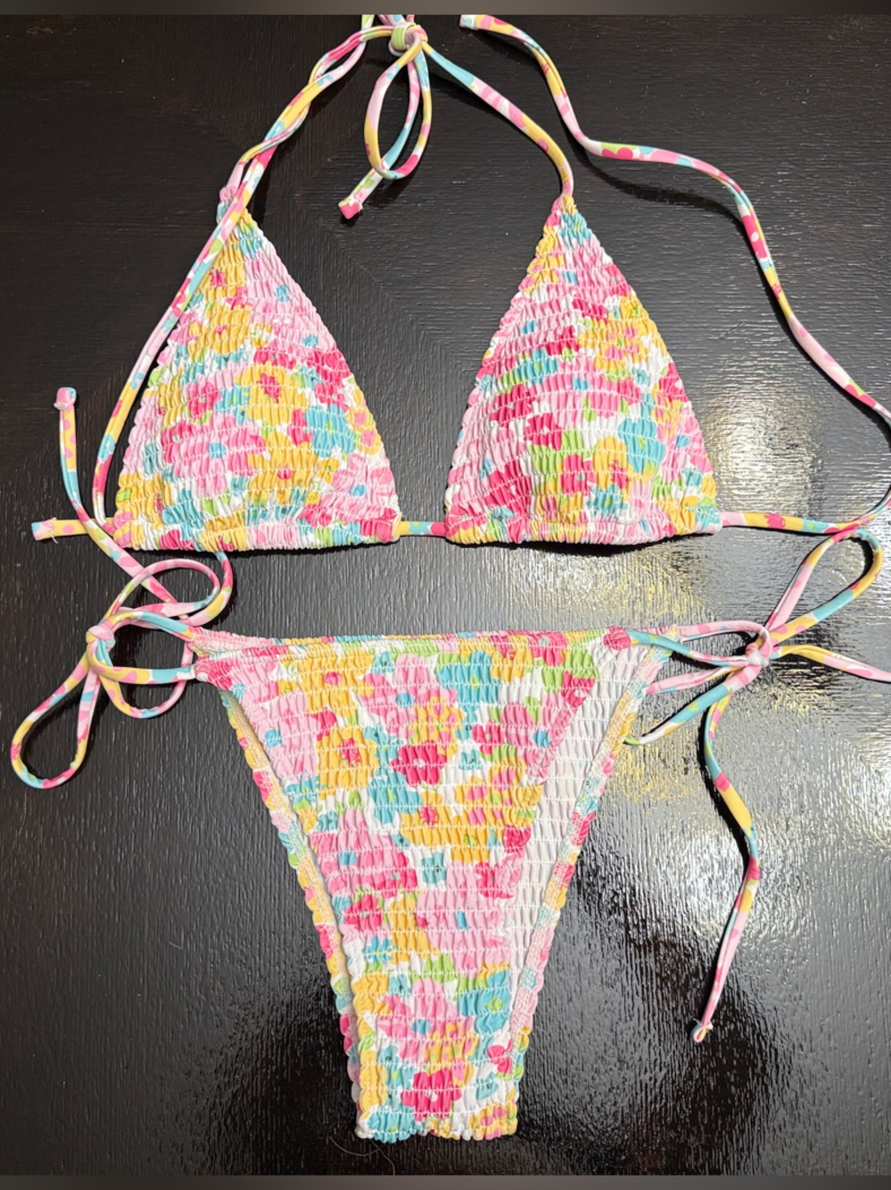 Colorful Smocked Triangle Bikini Set - Pink, Yellow, Blue